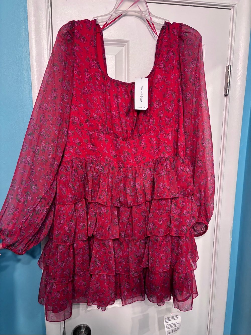 Miss Selfridge Red Floral Tiered Ruffle Dress with Sheer Sleeves